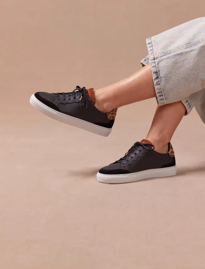 Sneakers en Cuir à Lacets Femme Noir Léopard - Modèle Aléna