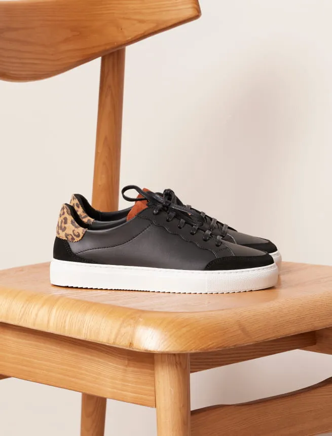 Sneakers en Cuir à Lacets Femme Noir Léopard - Modèle Aléna