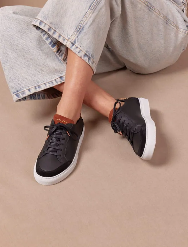 Sneakers en Cuir à Lacets Femme Noir Léopard - Modèle Aléna