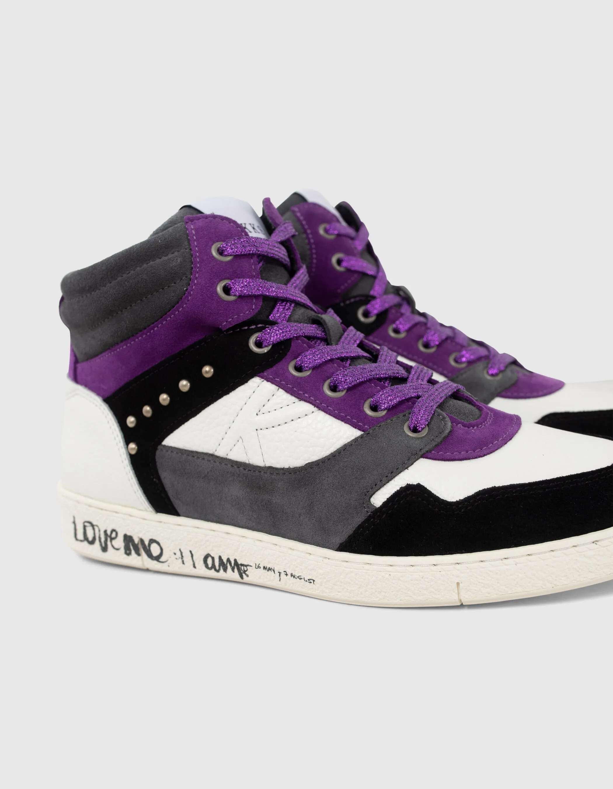 Sneakers noir, blanc, gris, violet mix cuir Femme