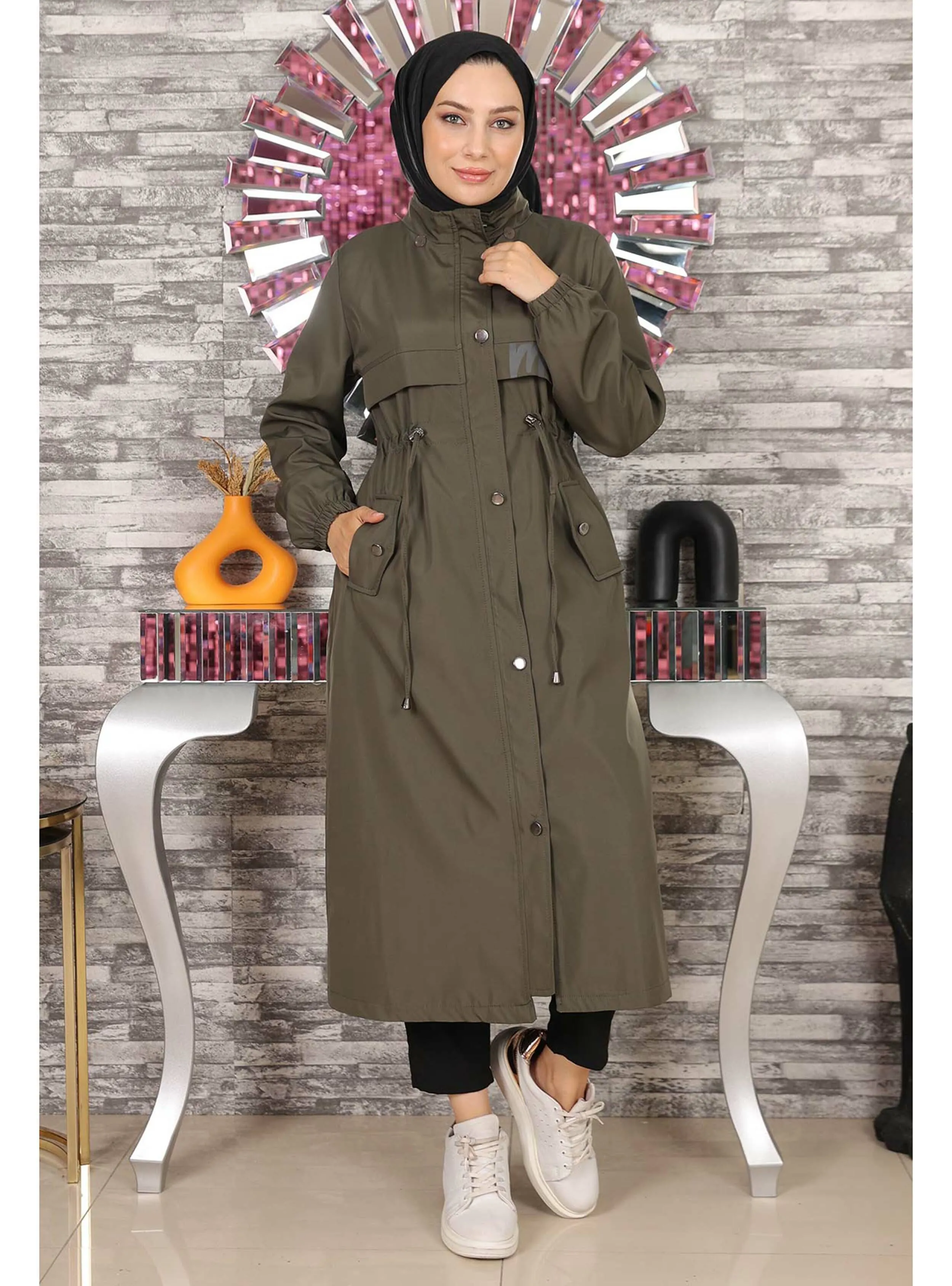 Summer Detailed Hooded Coat Khaki