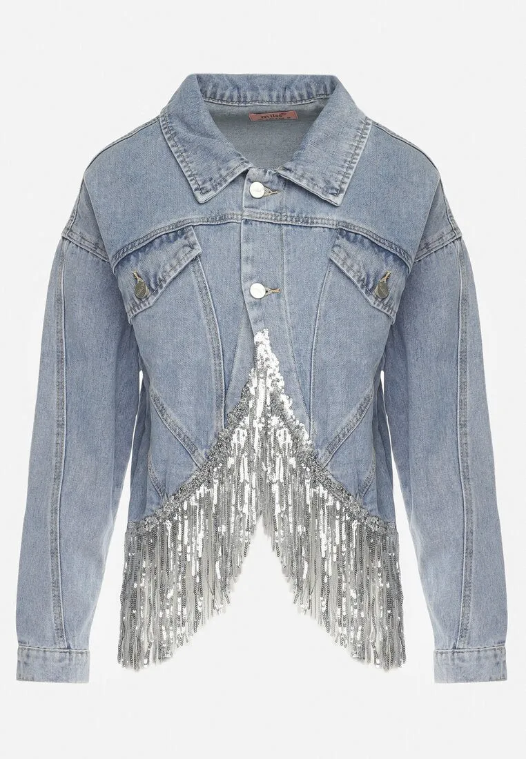 Veste en jean bleu avec franges décoratives et paillettes