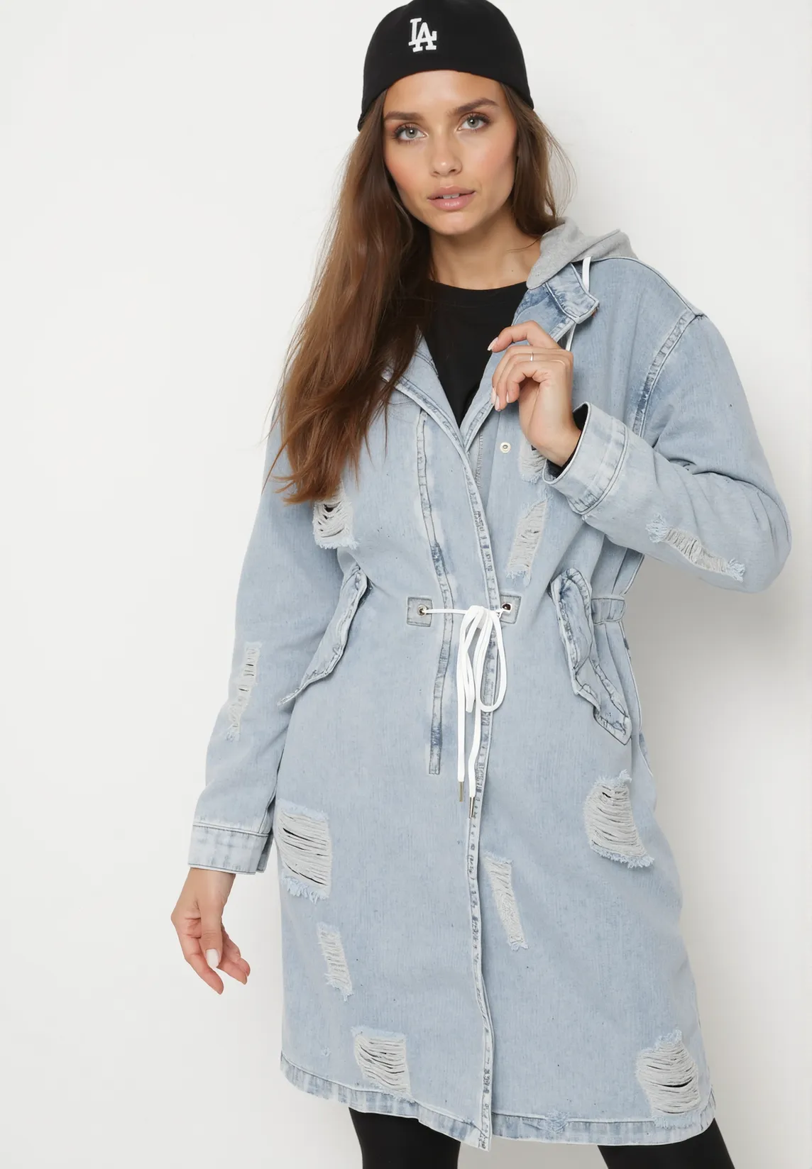 Veste longue à capuche en denim destroy