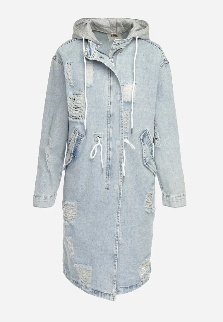 Veste longue à capuche en denim destroy