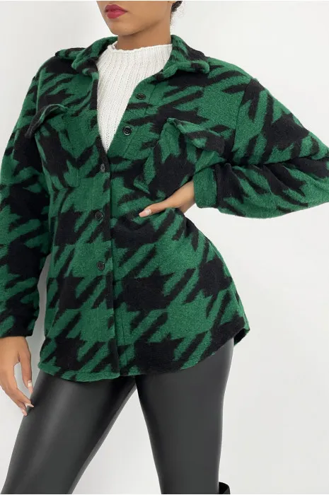 Veste surchemise bicolore vert forêt et noire à carreaux mi-longue avec fermeture à boutons et col à revers