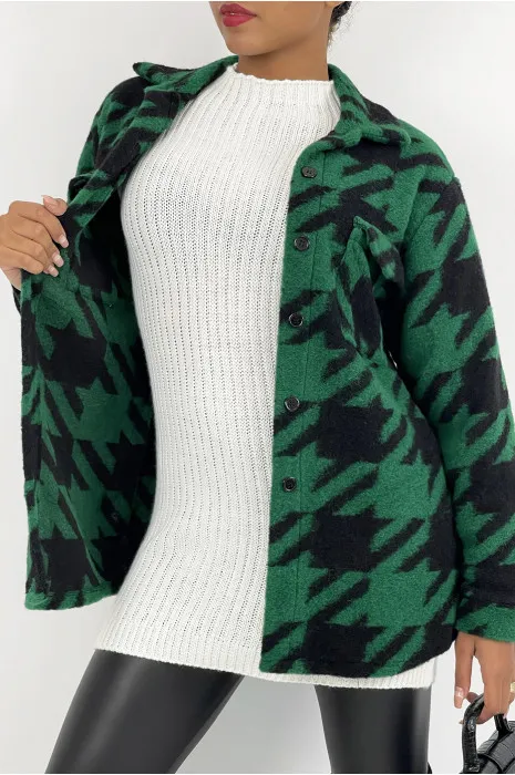 Veste surchemise bicolore vert forêt et noire à carreaux mi-longue avec fermeture à boutons et col à revers